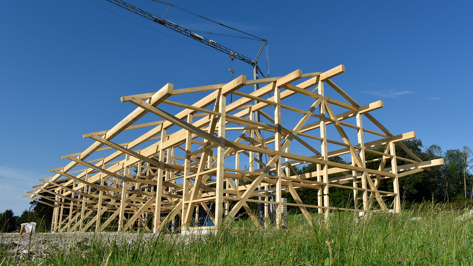 Seitenansicht der fast fertigen Holzkonstruktion mit Kran im Hintergrund.